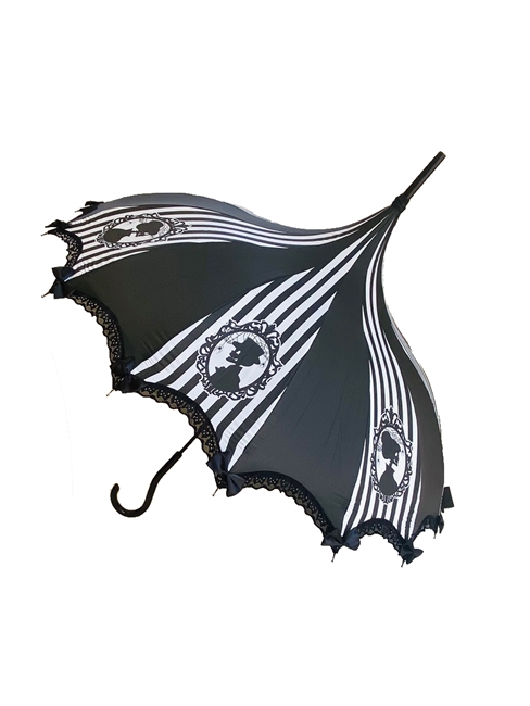 This beautiful umbrella has a black and white skeleton design pattern. And features lace and bow details and hook-style handle.