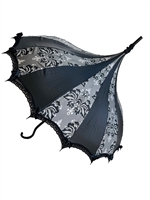 This CLASSIC GRAY AND SILVER Damask Umbrella features lace and bow details and hook-style handle.