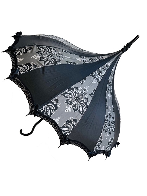 This CLASSIC GRAY AND SILVER Damask Umbrella features lace and bow details and hook-style handle.