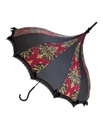 This BURGUNDY and Gold Damask Umbrella features lace and bow details and hook-style handle.