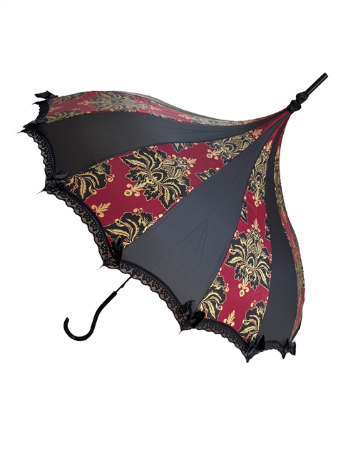 This BURGUNDY and Gold Damask Umbrella features lace and bow details and hook-style handle.