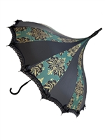 This GREEN and Gold Damask Umbrella features lace and bow details and hook-style handle.