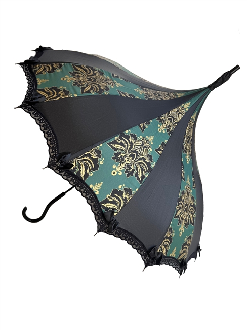 This GREEN and Gold Damask Umbrella features lace and bow details and hook-style handle.