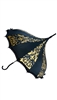 This beautiful umbrella has a gold fleur-de-lis damask pattern. And features lace and bow details and hook-style handle.