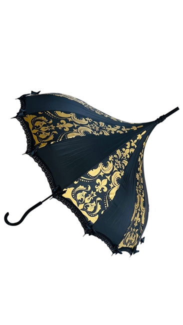 This beautiful umbrella has a gold fleur-de-lis damask pattern. And features lace and bow details and hook-style handle.