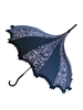 This beautiful umbrella has a gray and black flower damask. And features lace and bow details and hook-style handle