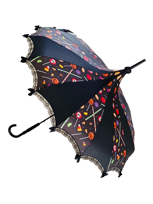 Hilary's Vanity  Halloween Candy Umbrella sure is sweet!  Plus it features bow details and hook-style handle.