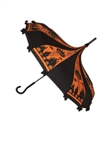 Pagoda Orange Halloween Umbrella it features lace and bow details with a hook style handle. Complement any costume or outfit. Gothic and Steampunk inspired. Also Has Pumpkins, Jack-o'-lantern, haunted houses, spiders and spiderwebs.
