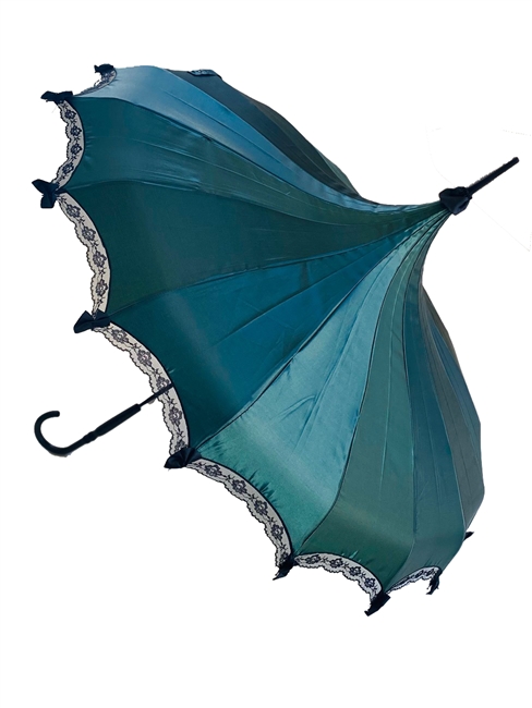 This beautiful Hilary's Vanity Umbrella is done in our GREEN Satin and has a scalloped edge. It has lace and bow details with a hook-style handle.