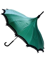 This beautiful Umbrella is done in our DARK GREEN Satin. It has lace and bow details with a hook-style handle.
