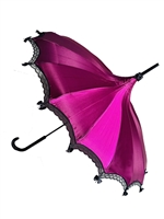 OG MEGENTA SATIN UMBRELLA features lace and bow details and hook-style handle.
