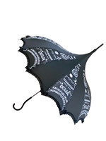 This beautiful umbrella has a black and white Ouija board pattern. And features lace and bow details and hook-style handle.