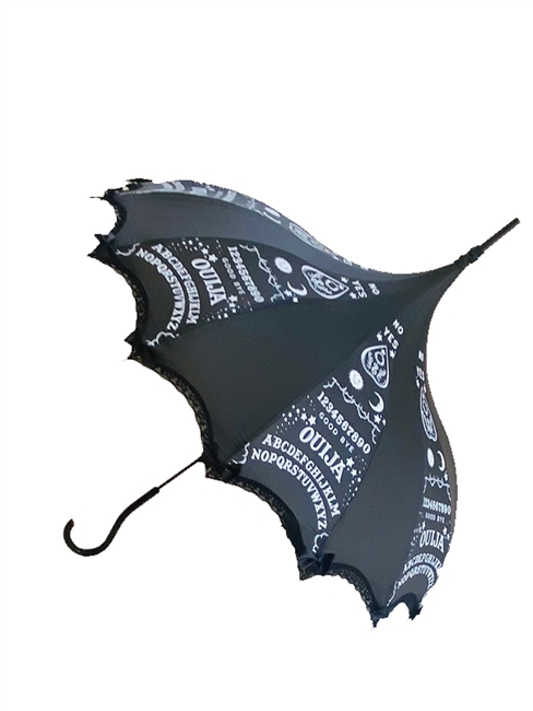 This beautiful umbrella has a black and white Ouija board pattern. And features lace and bow details and hook-style handle.