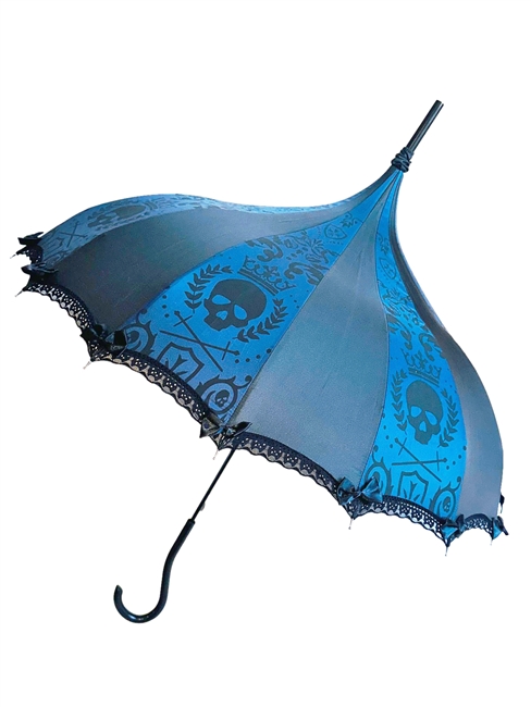 UMBRELLA  PIRATE KING BLUE It features lace and bow details and hook-style handle.