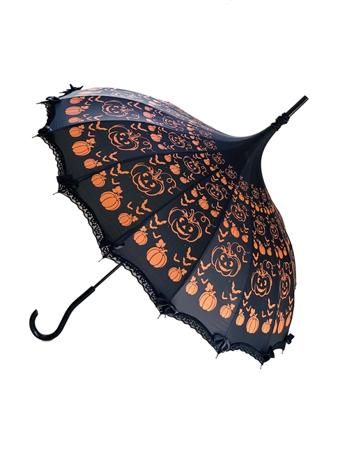 This beautiful Black  umbrella has a orange pumpkin and bats pattern. And features lace and bow details and hook-style handle.