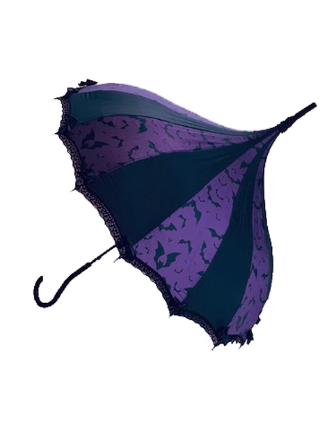 This beautiful umbrella has a Purple Bats pattern. And features lace and bow details and hook-style handle.