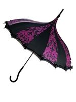 This beautiful umbrella has a purple fleur-de-lis damask octopus pattern. And features lace and bow details and hook-style handle.