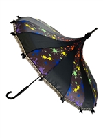This beautiful umbrella has a rainbow raindrop pattern. And features lace and bow details and hook-style handle.