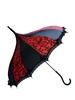 This beautiful umbrella has a red and black flower damask. And features lace and bow details and hook-style handle.