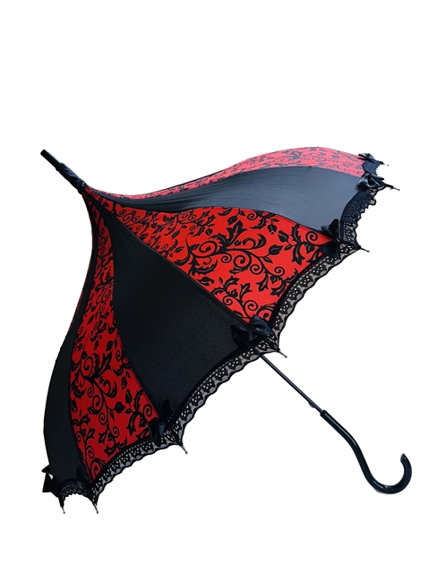 This beautiful umbrella has a red and black flower damask. And features lace and bow details and hook-style handle.