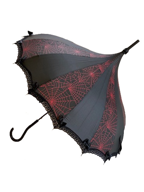 This beautiful umbrella has a Red Spiderweb pattern. And features lace and bow details and hook-style handle.