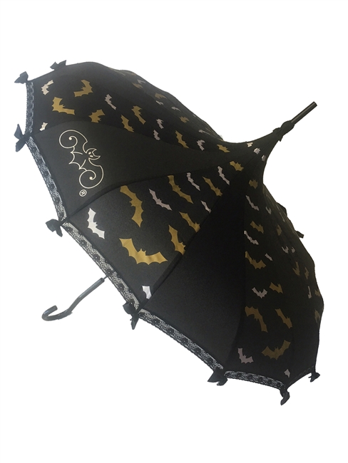 Silver and Gold Bats take flight on this beautiful Pagoda Umbrella, featuring the Hilaryâ€™s Vanity logo, lace and bow details and hook-style handle. This Umbrella will complement costume or outfit. Gothic and Steampunk inspired.