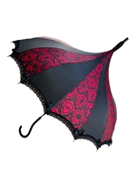 This beautiful umbrella has a BURGUNDY SHELD damask pattern. And features lace and bow details and hook-style handle.