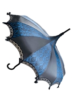 This beautiful umbrella has a POTIONS AND SPELLS DAMASK BLUE pattern. And features lace and bow details and hook-style handle.