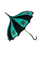 This beautiful green and black umbrella has a Tree Of Life pattern. It features lace and bow details with a hook style handle.