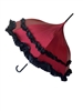 HILARY'S VANITY BURGUNDAY DELUXE- AUTOMATIC SATIN UMBRELLA features a Ruffle and hook-style handle.