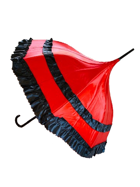 RED DELUXE- AUTOMATIC SATIN UMBRELLA features a Ruffle and hook-style handle. Automatic mains that you push the button and it opens by itself