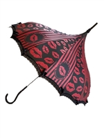 This beautiful umbrella has a RED LIP AND STRIPES pattern. And features lace and bow details and hook-style handle.