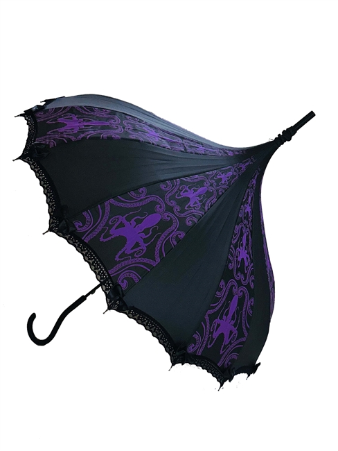 UMBRULLA   TENTICALS PURPLE OCTOPUS  It has lace and bow details with a hook-style handle.