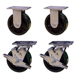 5 Inch Heavy Duty Toolbox Caster Set with Green Polyurethane Tread, Precision bearings, and Brakes
