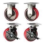 5 Inch Toolbox Casters with Red Polyurethane Tread Wheel, Precision bearings, and Brakes