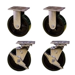 6 Inch heavy duty toolbox casters with green polyurethane tread wheels, precision bearings, and brakes