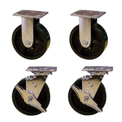 6 Inch heavy duty toolbox casters with green polyurethane tread wheels, precision bearings, and brakes
