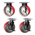 6 Inch heavy duty toolbox casters with red polyurethane tread wheels, precision bearings, and brakes