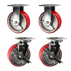 6 inch toolbox caster set with rigid and swivel casters, red polyurethane tread wheels and brakes