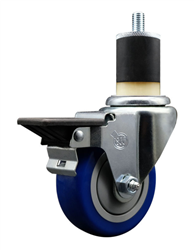 Service Caster swivel caster with a 3-1/2 inch Blue polyurethane wheel. Featuring a zinc plated finish, these casters are ideal for work tables, shop projects, and any equipment with round or square tube legs.