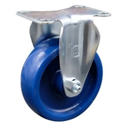 Service Caster #20 Series rigid casters with 4 inch solid blue polyurethane wheel.