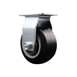 Rigid caster with durable 4 inch diameter by 2 inch wide moldon rubber tread on aluminum core wheel