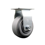 Rigid caster with durable 4 inch diameter by 2 inch wide thermoplastic rubber flat face tread on polyolefin core wheel