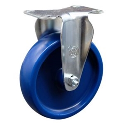 Service Caster #20 Series rigid casters with 5 inch solid blue polyurethane wheel.