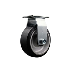 Rigid caster with durable 5 inch diameter by 2 inch wide moldon rubber tread on aluminum core wheel