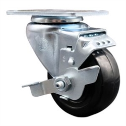 Service Caster #20 Series swivel casters with 3 inch hard rubber wheel and brake. Heat treated ball bearing raceway and bright zinc plated finish.