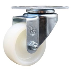 Service Caster #20 Series swivel casters with 3 inch nylon wheel. Heat treated ball bearing raceway and bright zinc plated finish.