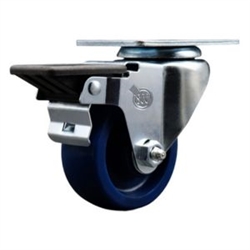 Service Caster #20 Series swivel casters with 3 inch solid blue polyurethane wheel and posi lock brake.