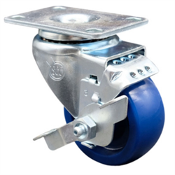 Service Caster #20 Series swivel casters with 3 inch solid blue polyurethane wheel and brake.