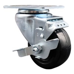 Service Caster #20 Series swivel casters with 3-1/2 inch hard rubber wheel and brake.